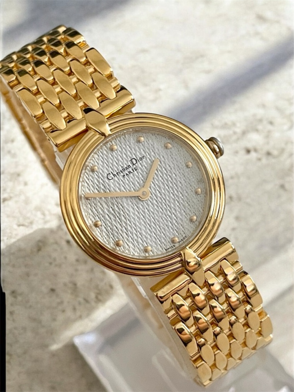 Vintage Dior Women's Gold Bracelet Watch with White Textured Dial